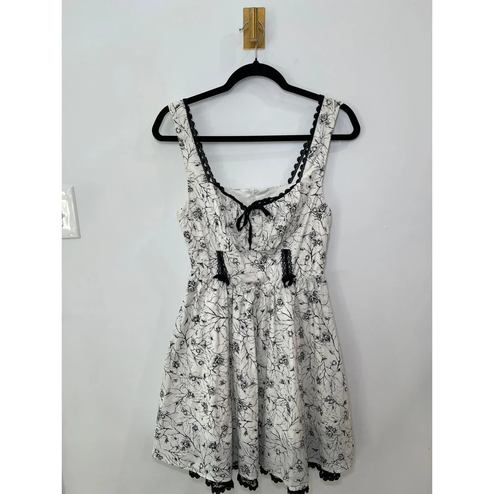 Y2K Skater‎ Dress Whimsigoth Spider Floral White Black Lace Trim Cottagecore M